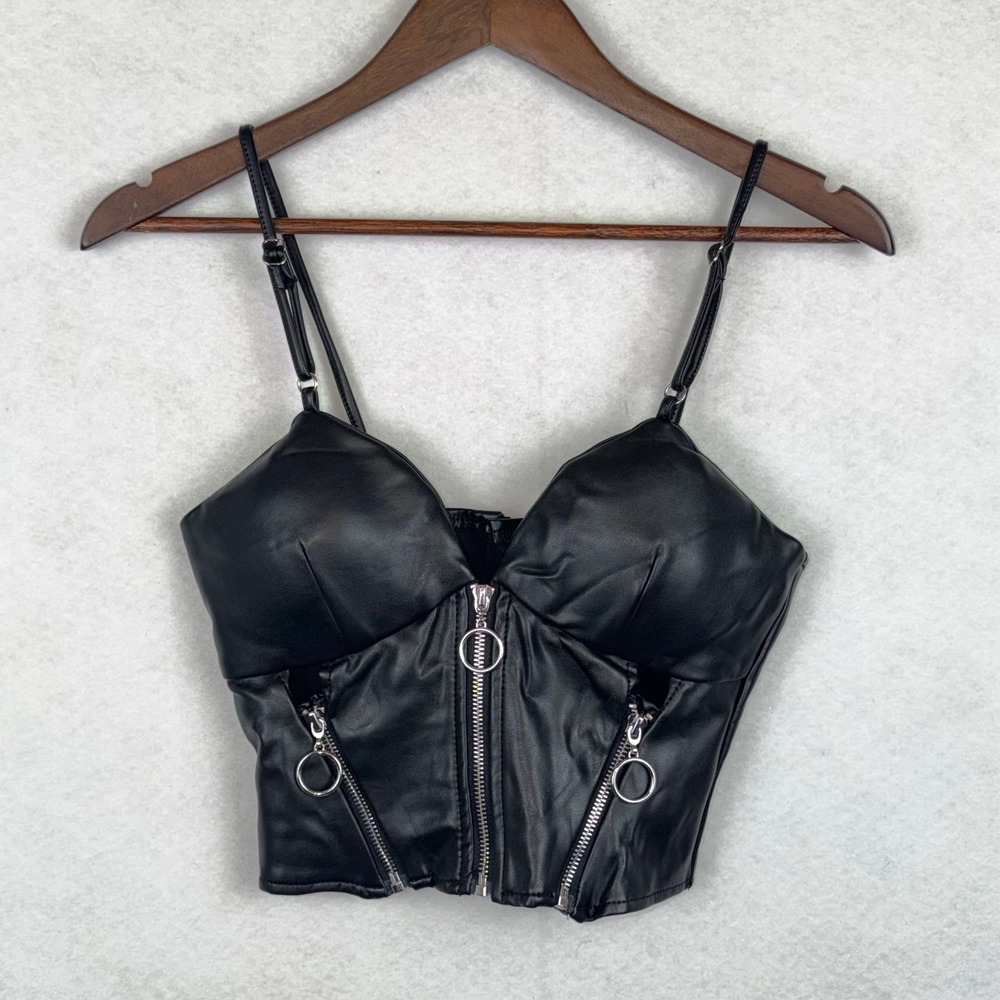 Faux Leather Bustier Women S Black O-Ring Zipper Corset Crop Top Edgy